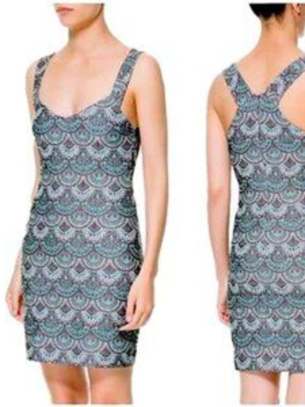 Zara TRF Teal Coral Paisley Scallop Jacquard Racerback Sheath Dress M